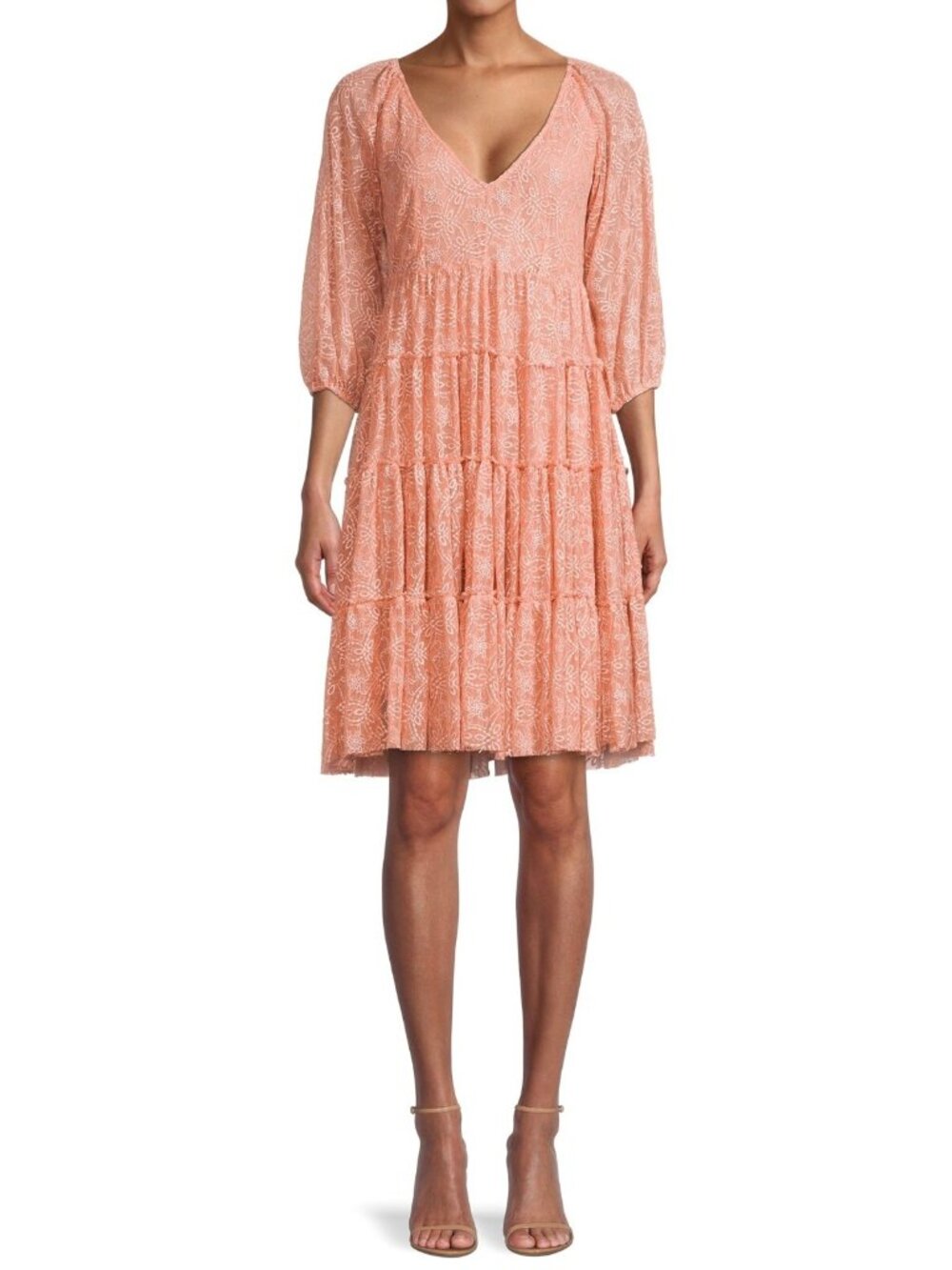 Johnny Was Chelly Womens V-Neck Tiered Embroidered Mesh Dress Muted Clay Size XL